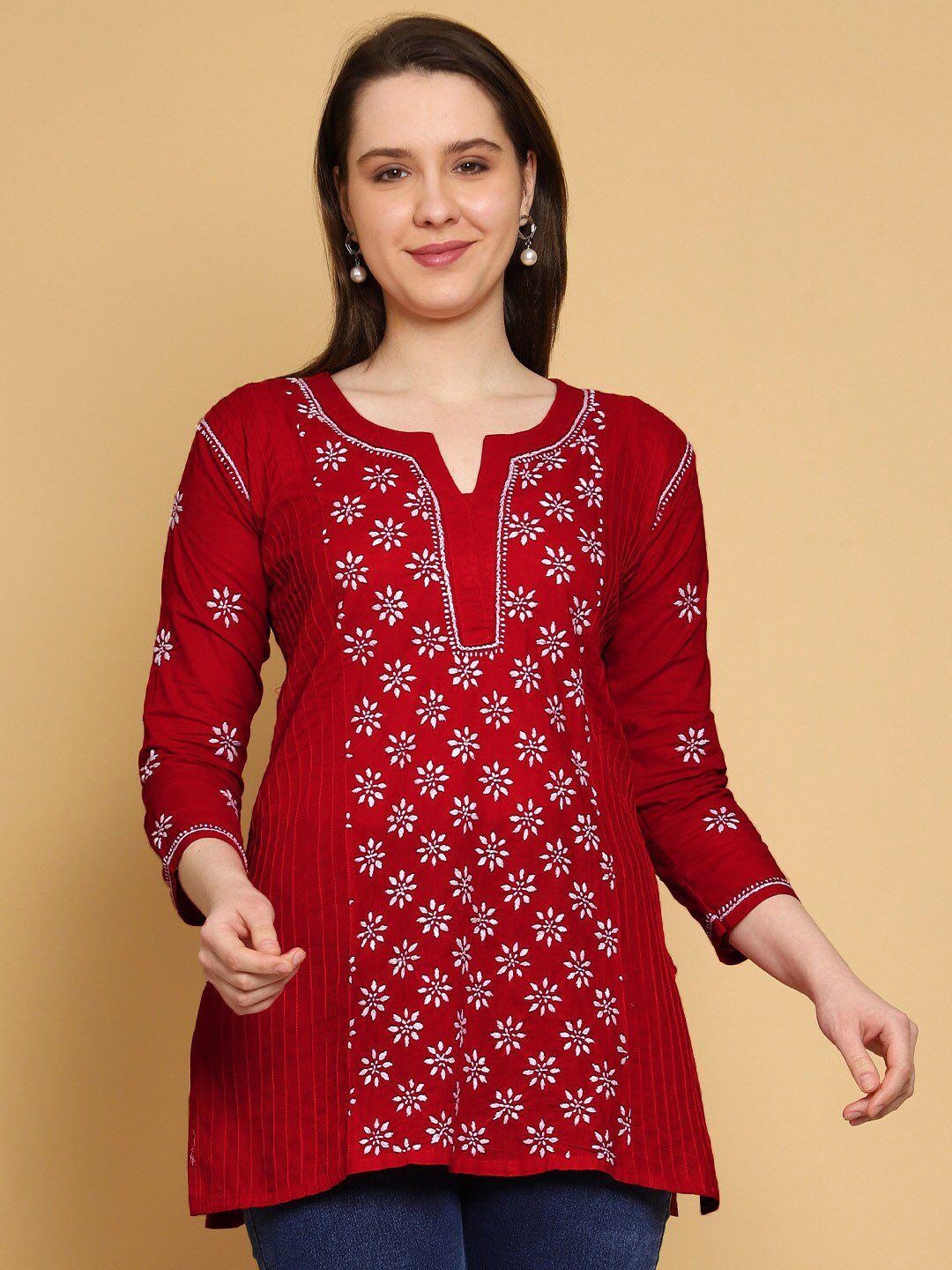 ada red & white floral embroidered thread work pure cotton thread work kurti