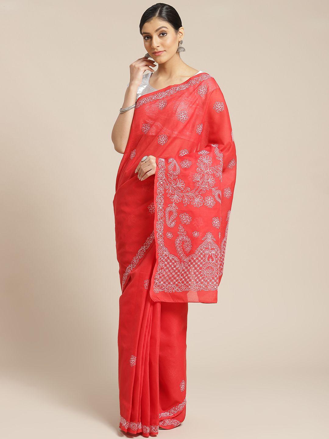 ada red & white pure cotton chikankari embroidered sustainable handloom saree