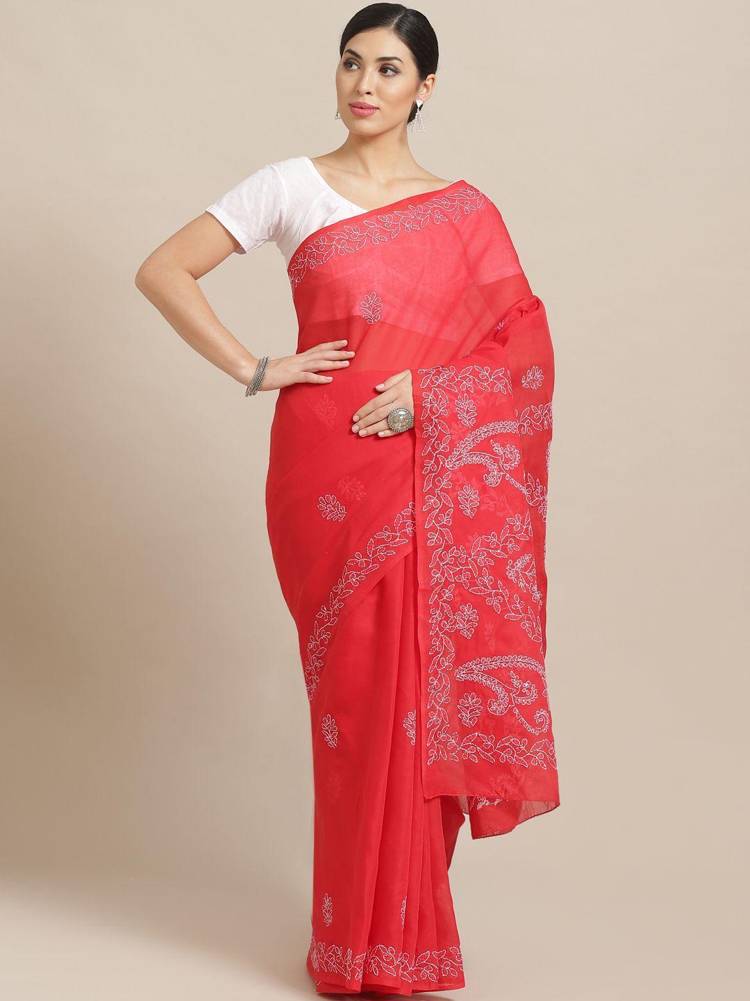 ada red chikankari embroidered pure cotton sustainable handloom saree