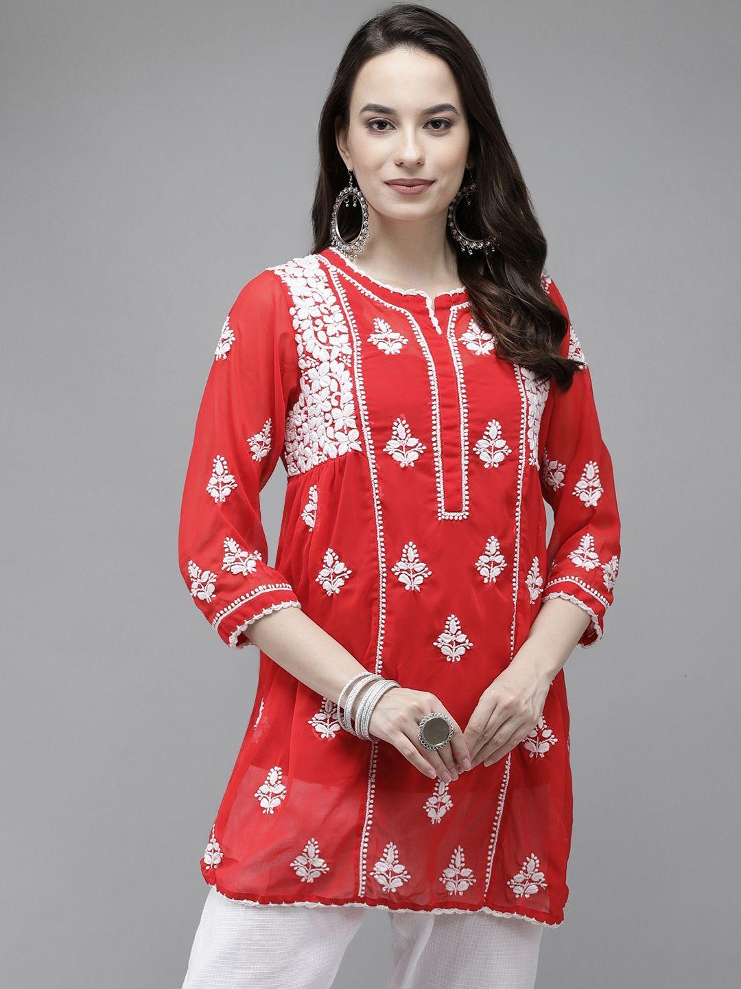 ada red ethnic motifs woven design pure georgette chikankari handloom kurti with matching slip