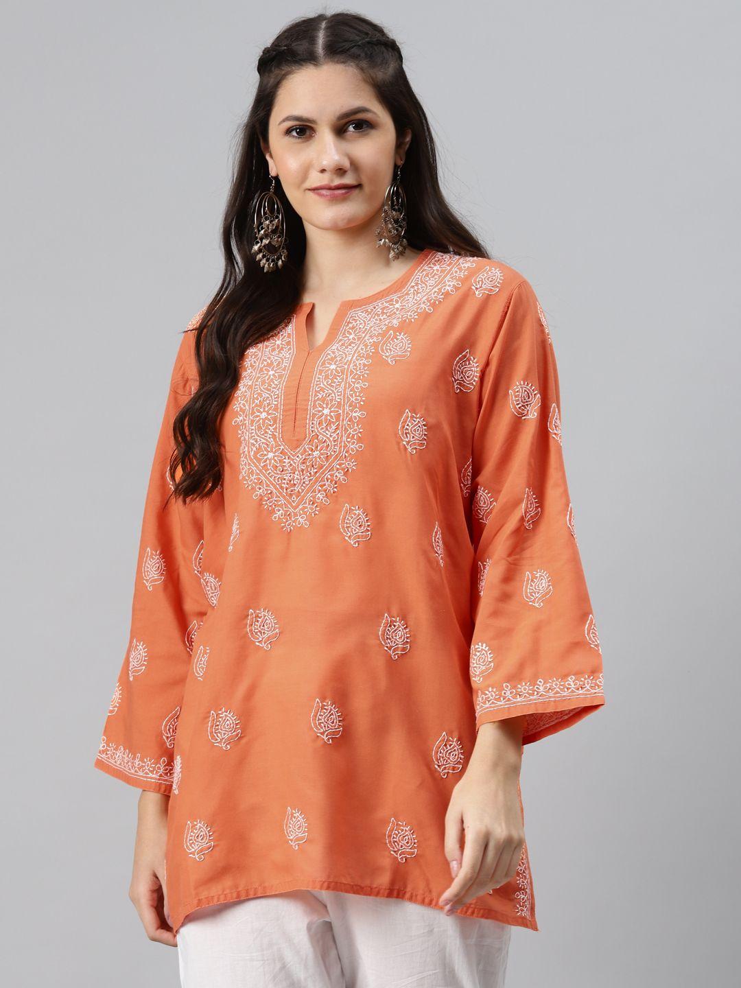 ada rust orange & white ethnic motifs hand embroidered chikankari pure cotton kurti