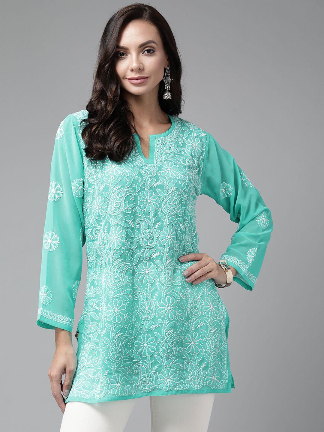 ada sea green & white ethnic motifs embroidered chikankari handloom kurti