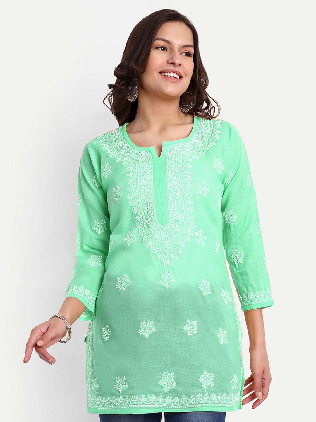ada sea green & white ethnic motifs embroidered thread work pure cotton thread work kurti