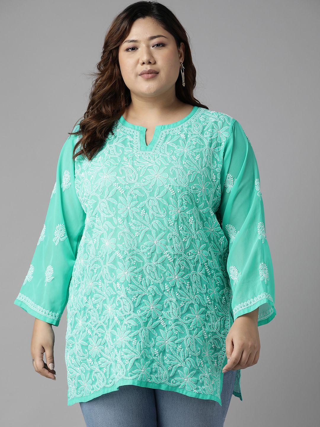 ada sea green & white floral embroidered plus size chikankari kurti