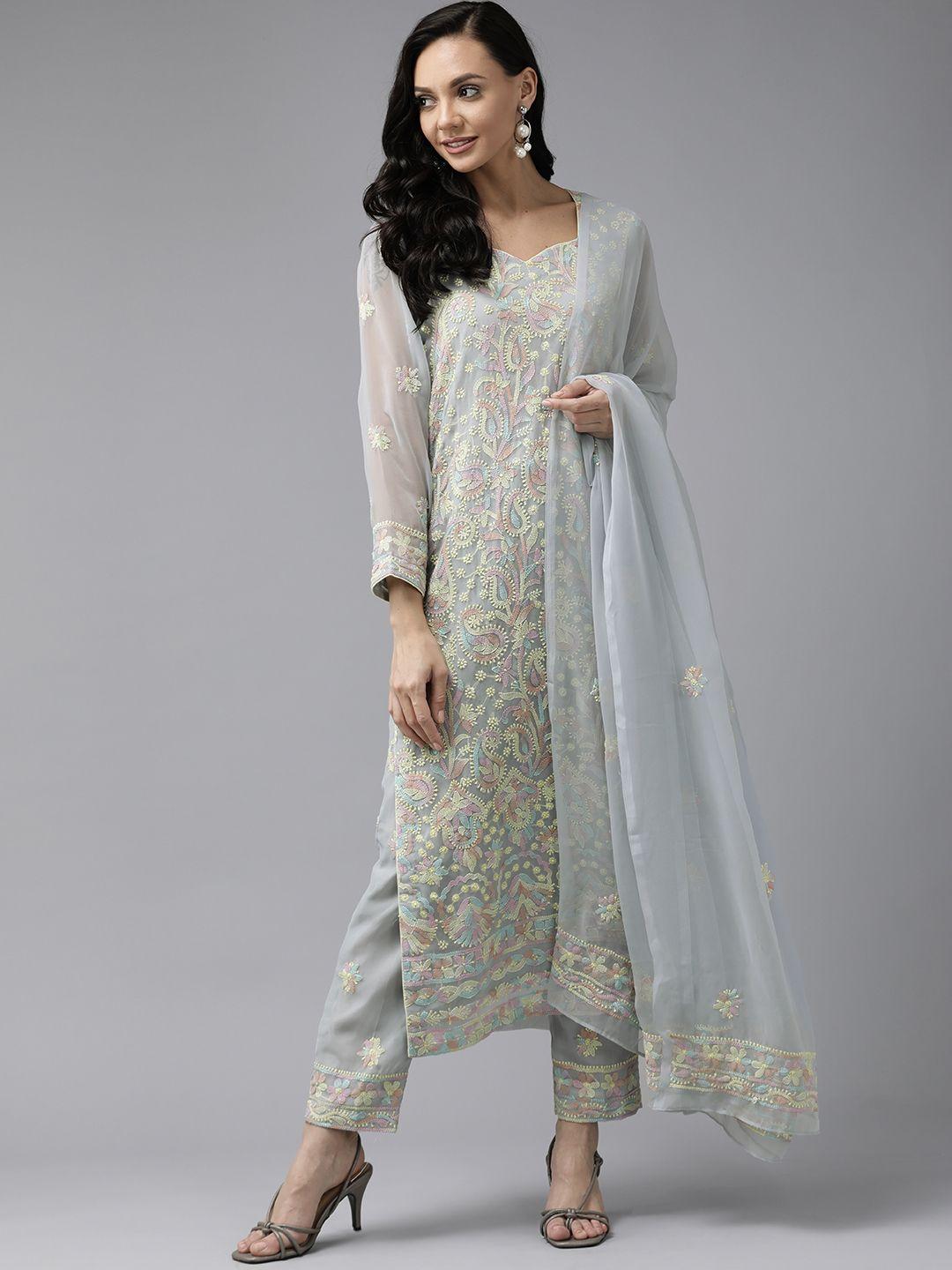 ada sustainable grey & yellow chikankari hand embroidered unstitched dress material