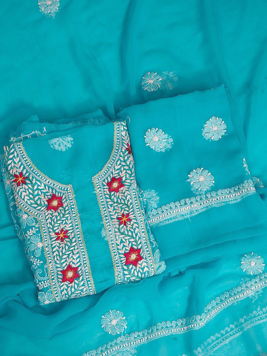 ada turquoise blue & white embroidered unstitched dress material