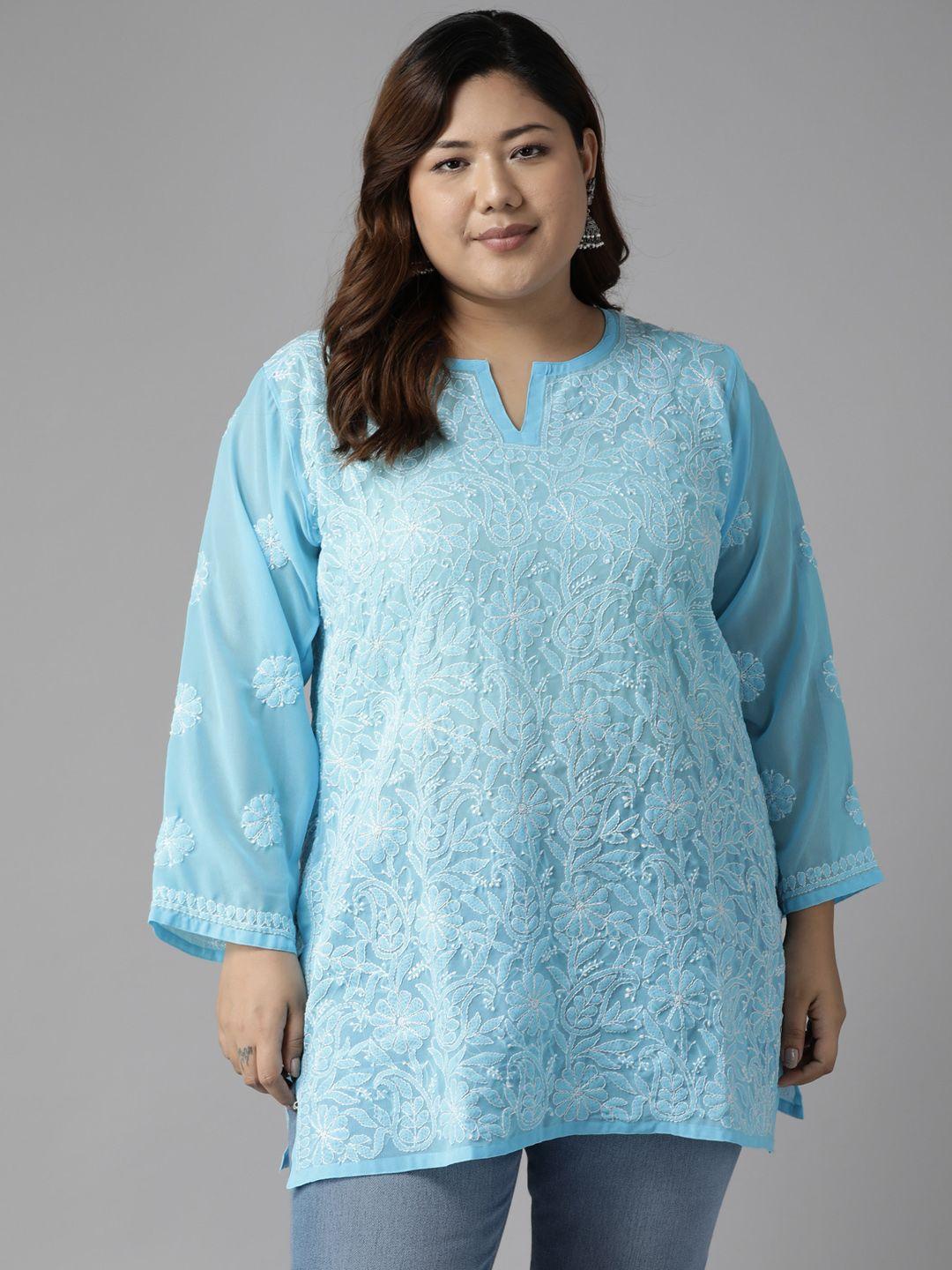 ada turquoise blue & white ethnic motifs embroidered plus size chikankari kurti