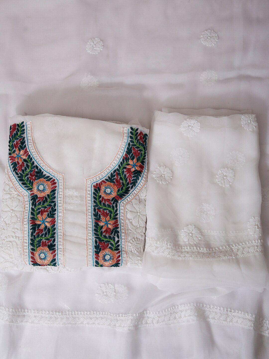 ada white & green embroidered unstitched dress material