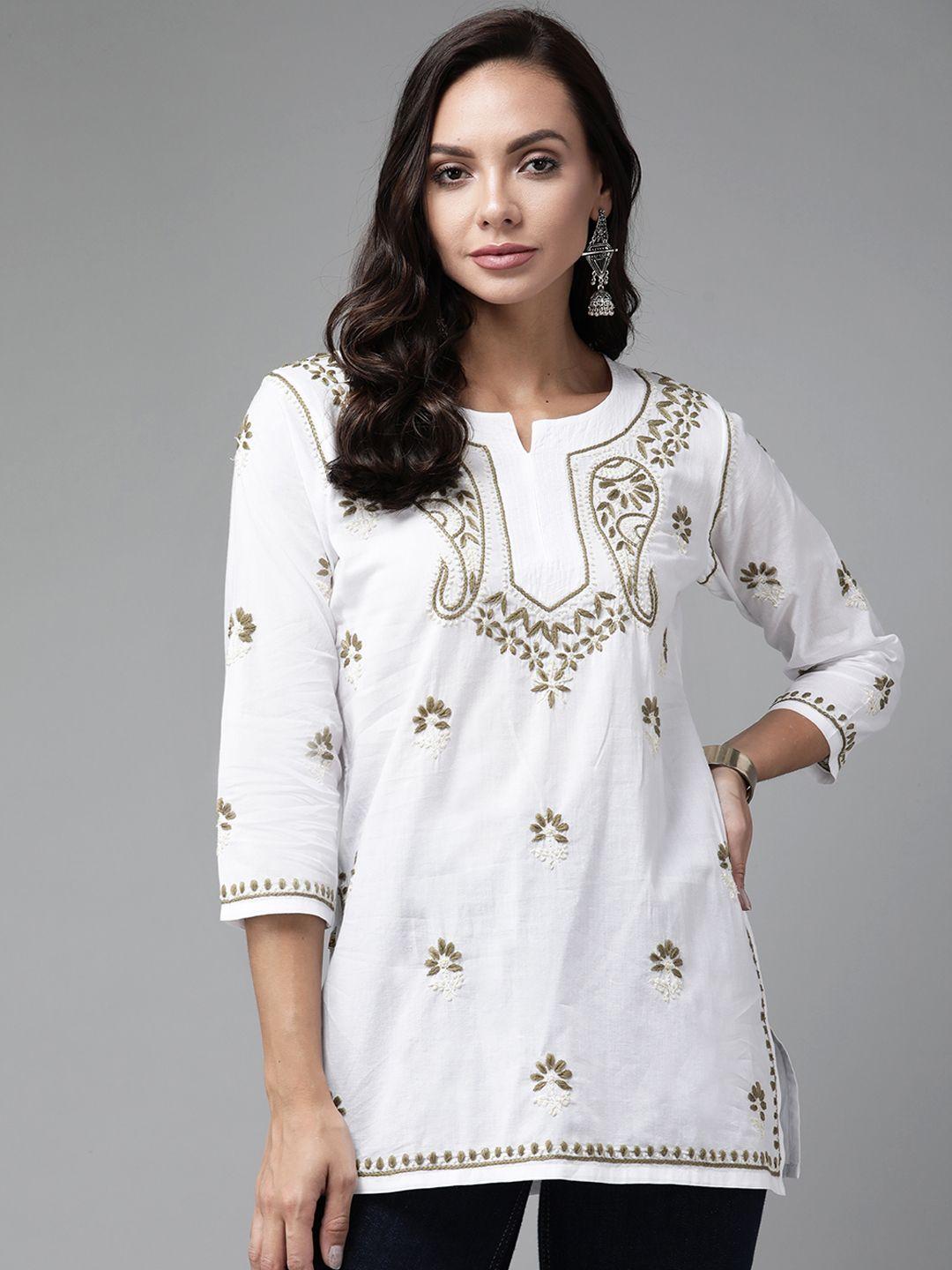 ada white & green ethnic motifs embroidered chikankari handloom kurti