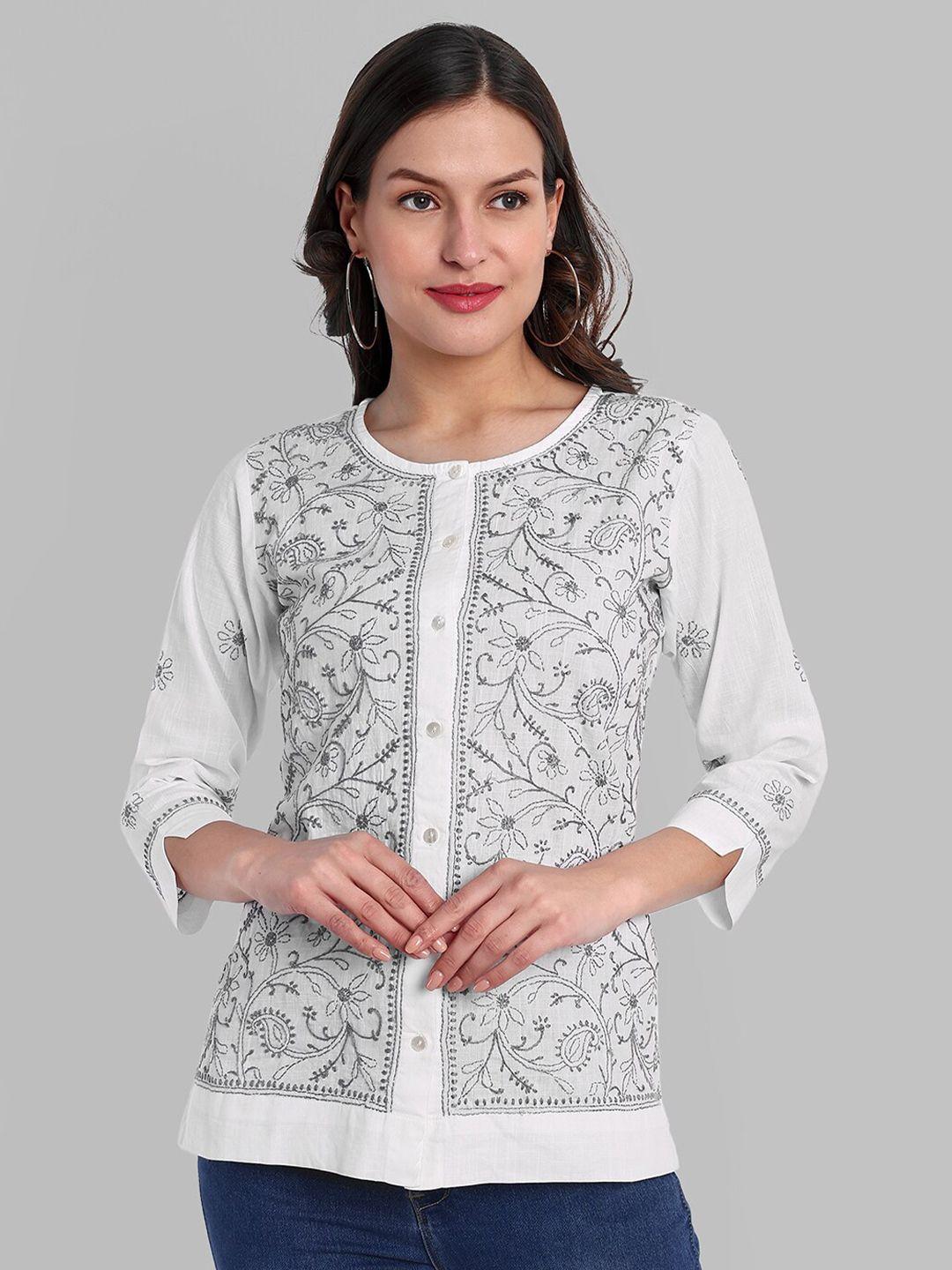 ada white & grey floral embroidered thread work pure cotton thread work kurti