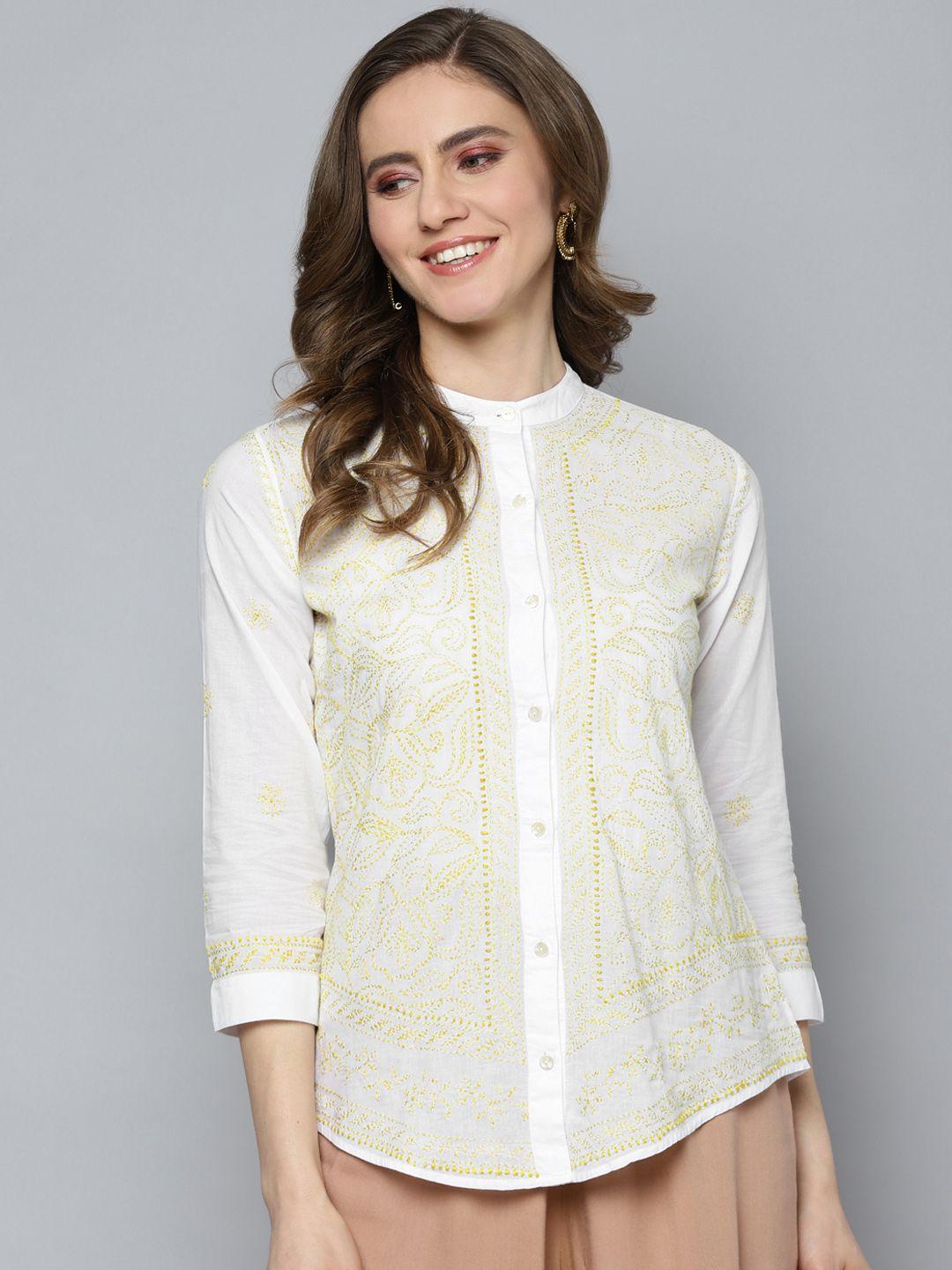 ada white & lime green embroidered mandarin collar shirt style top