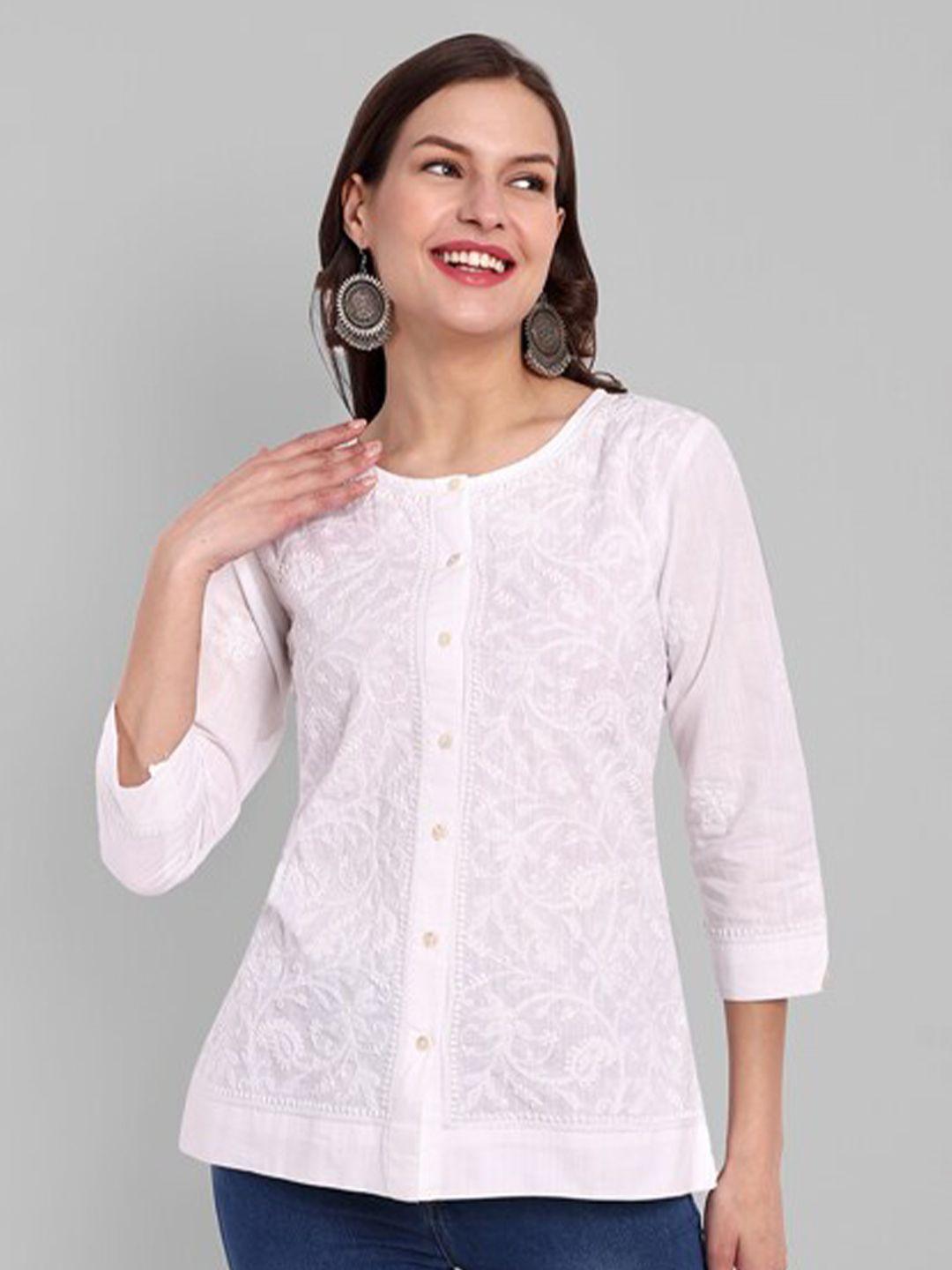 ada white & shrinking violet floral embroidered thread work pure cotton thread work kurti