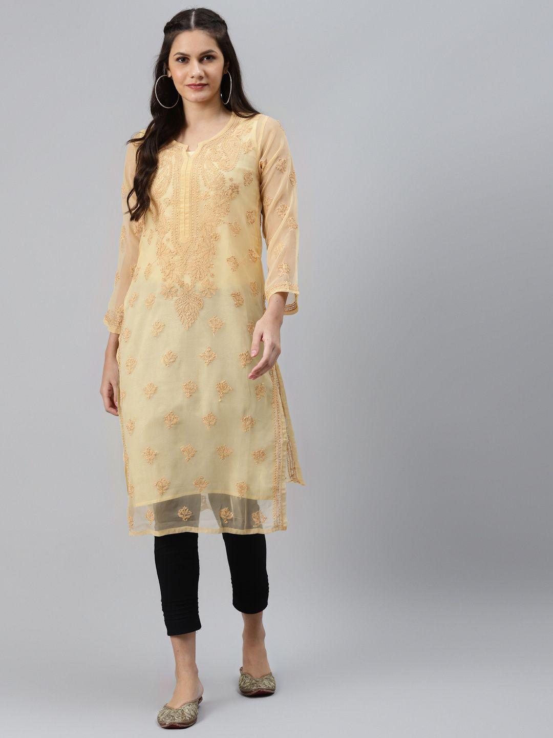 ada women beige & black ethnic motifs embroidered chikankari handloom kurta with trousers & inner