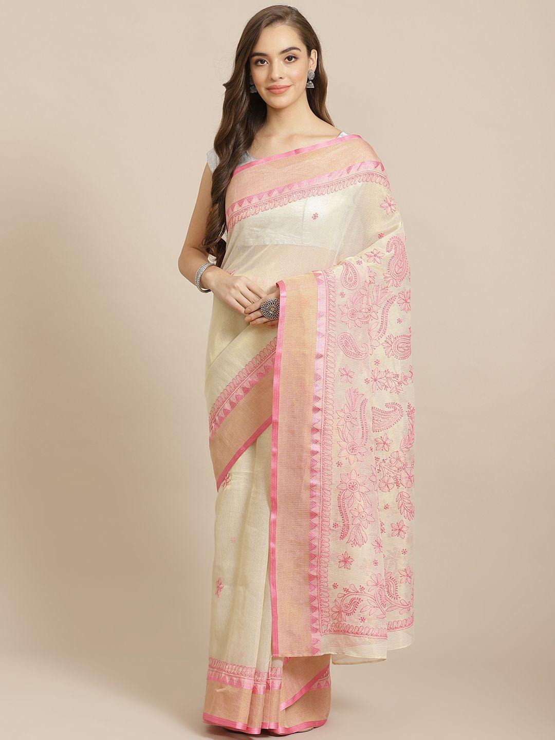 ada women beige & pink cotton blend chikankari embroidered  kota saree