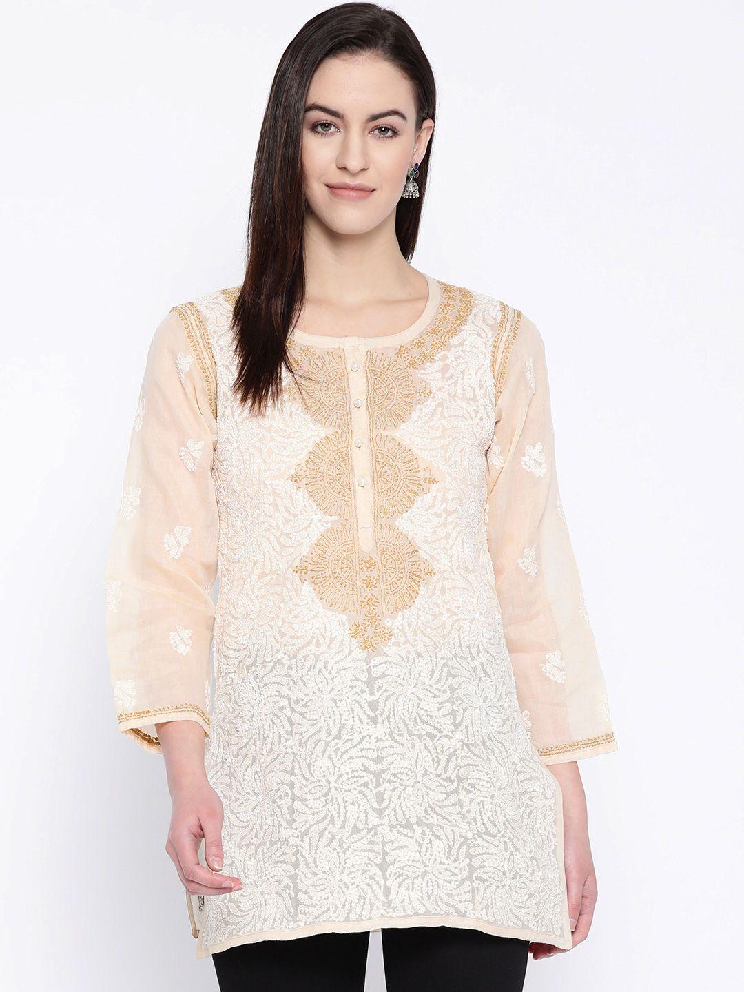 ada women beige & white chikankari hand embroidered pure cotton semi-sheer straight kurti