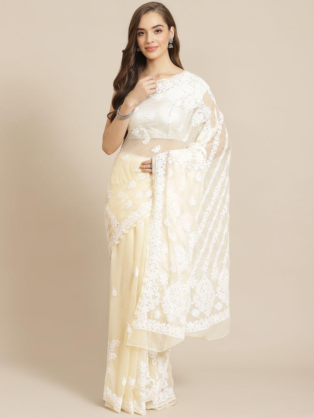 ada women beige & white poly georgette chikankari embroidered handloom saree