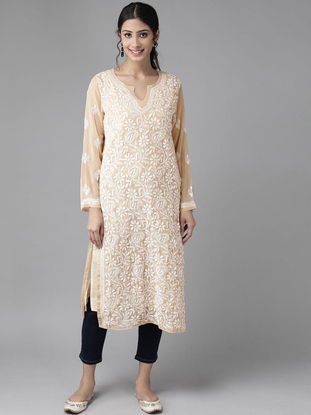 ada women beige ethnic motifs sustainable hand embroidered chikankari handloom kurta with inner