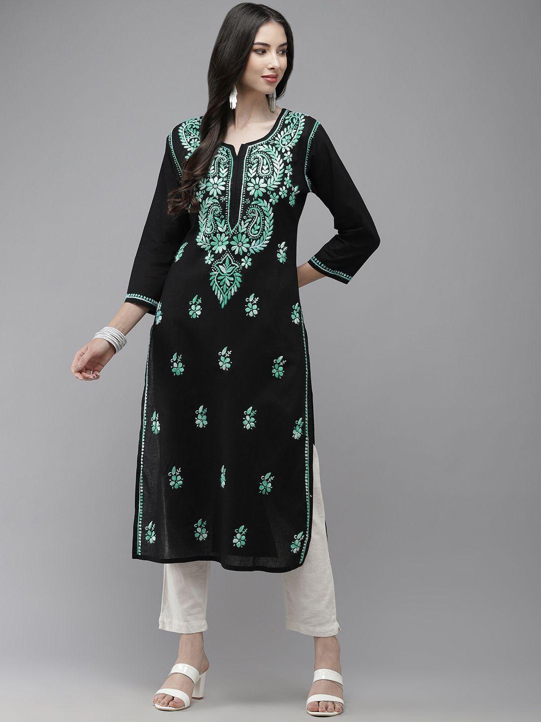 ada women black & fluorescent green ethnic motifs embroidered thread work handloom handloom kurta