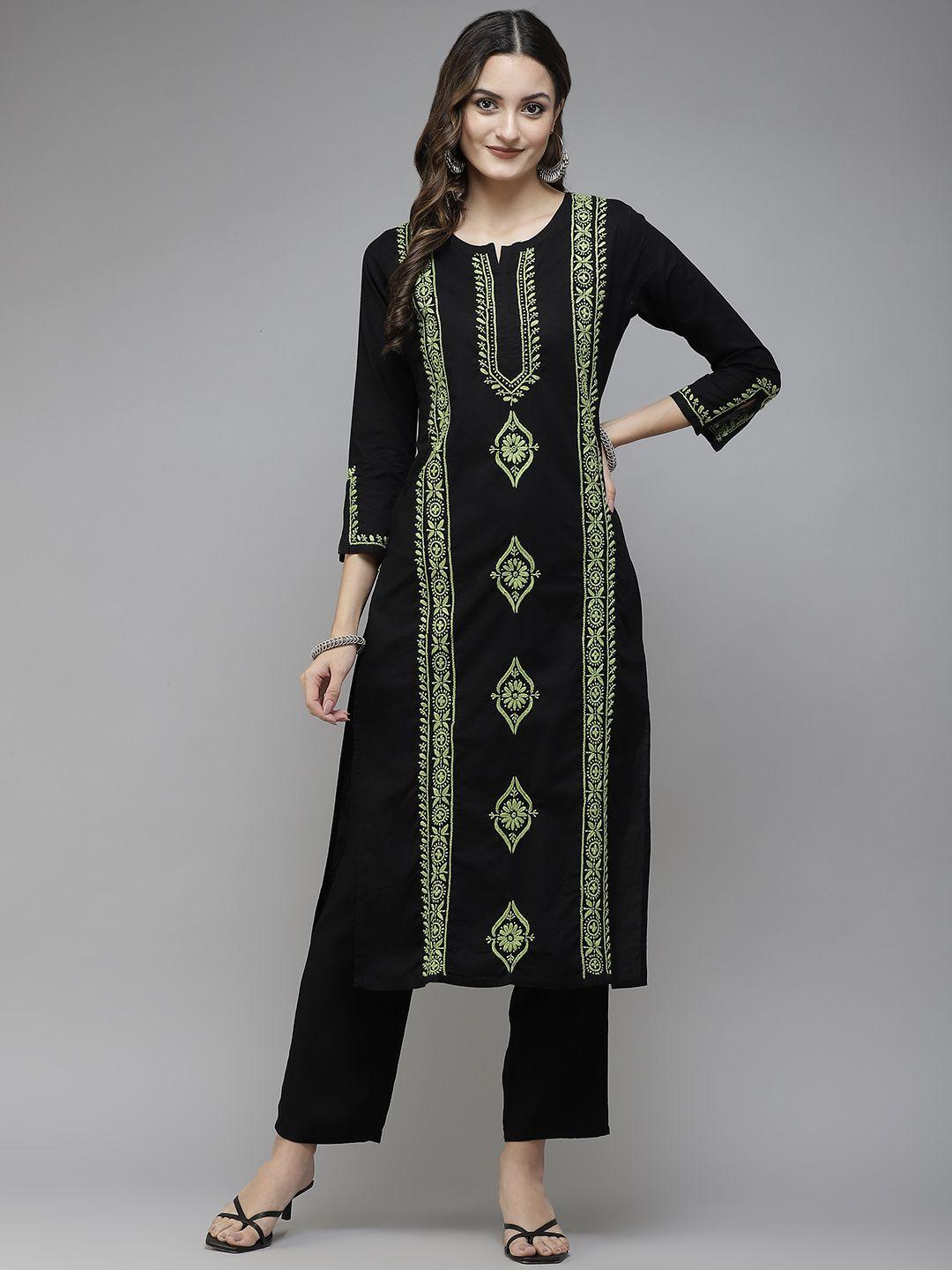 ada women black & green ethnic motifs embroidered chikankari handloom handloom kurta