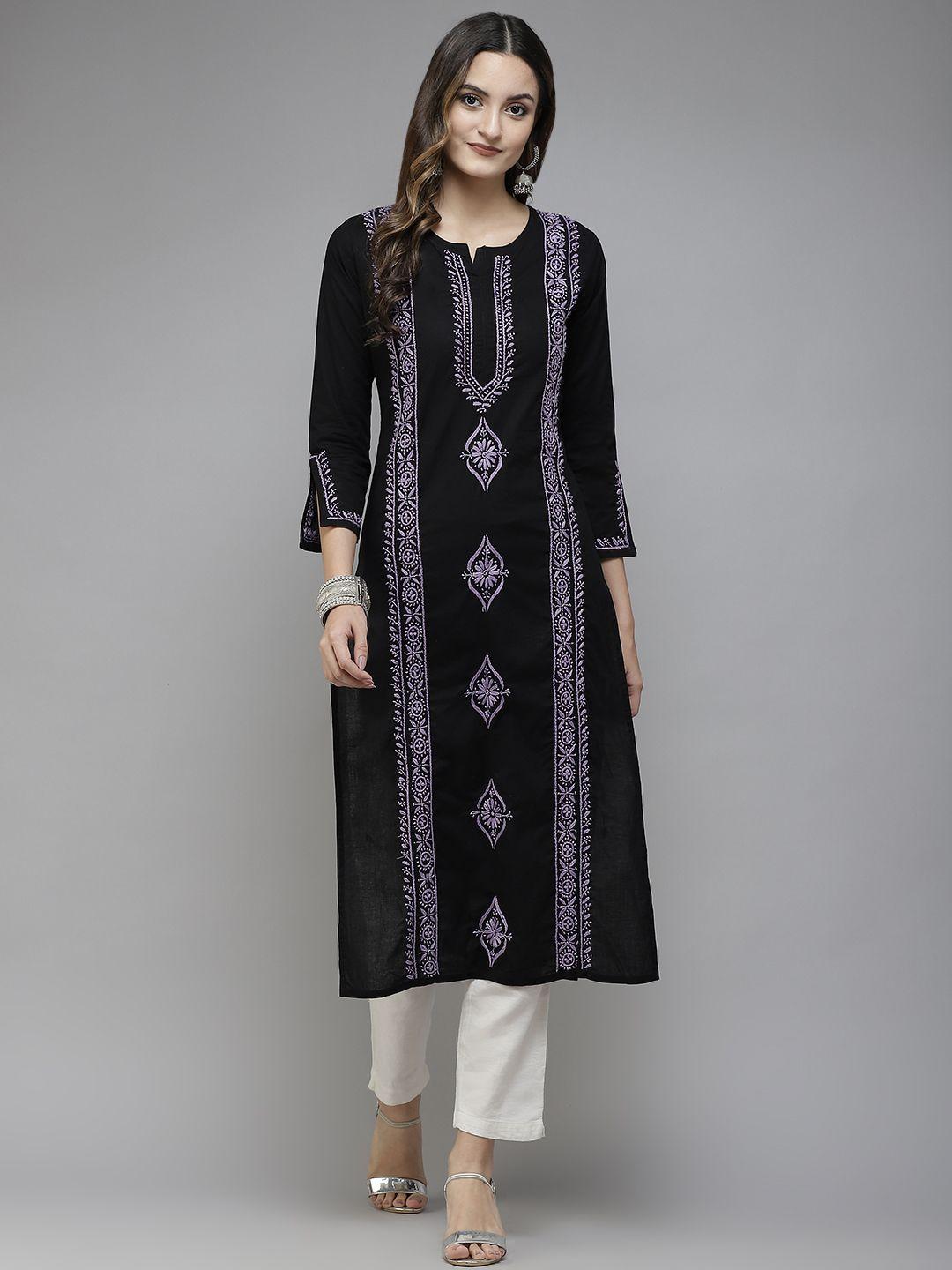 ada women black & mauve ethnic motifs embroidered chikankari handloom handloom kurta