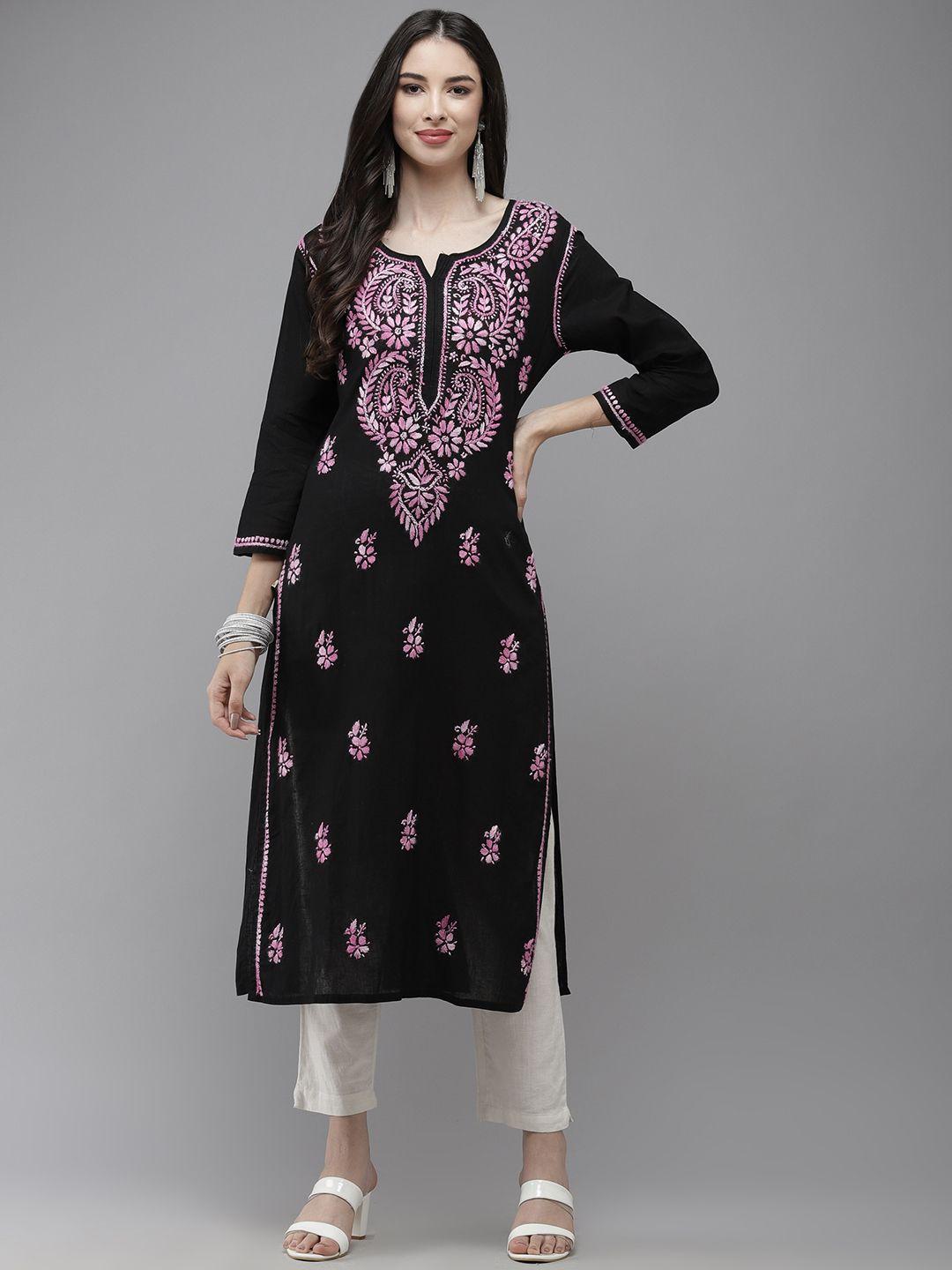 ada women black & mauve ethnic motifs embroidered thread work handloom kurta