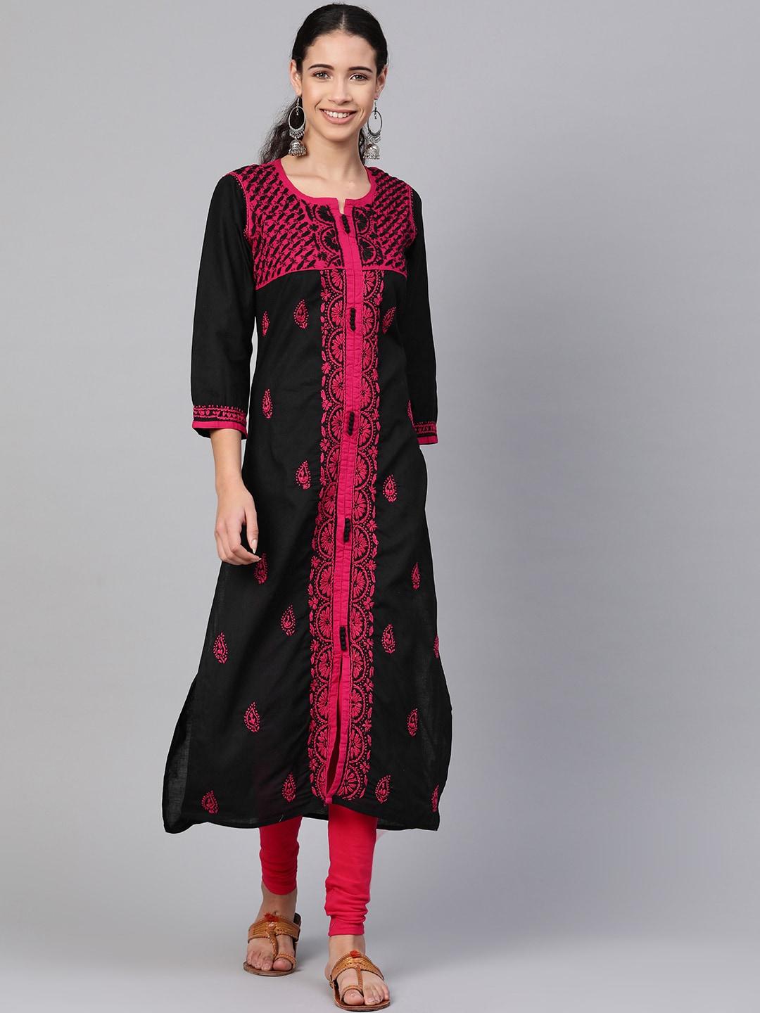 ada women black & pink chikankari hand embroidered straight sustainable handloom kurta