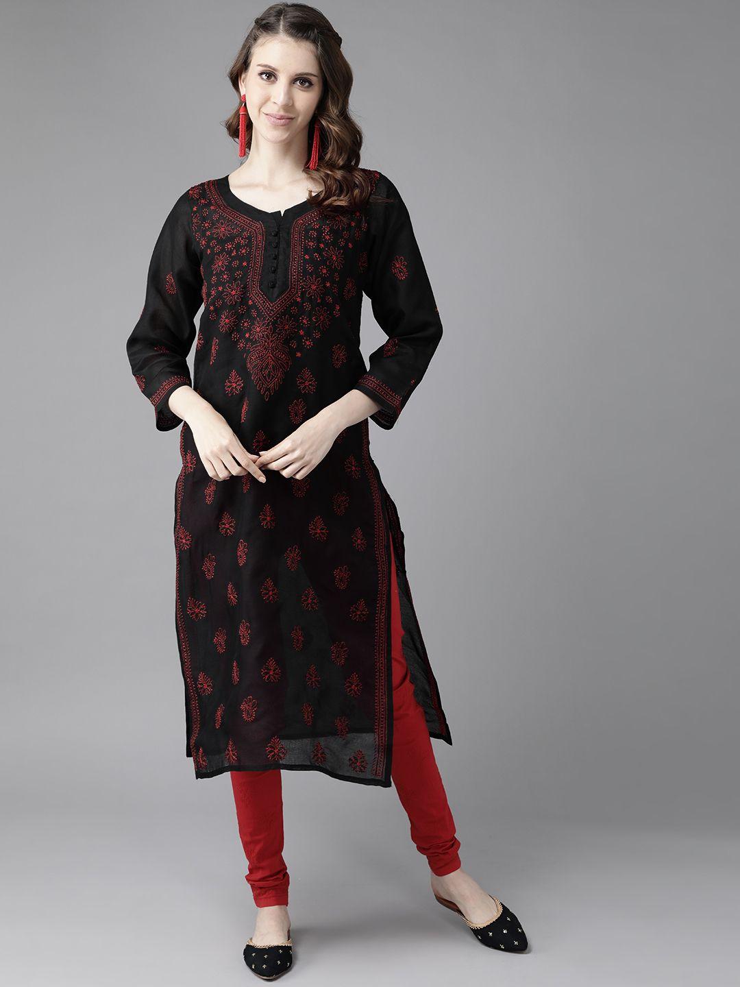 ada women black & red chikankari embroidered handloom kurta with cotton churidar