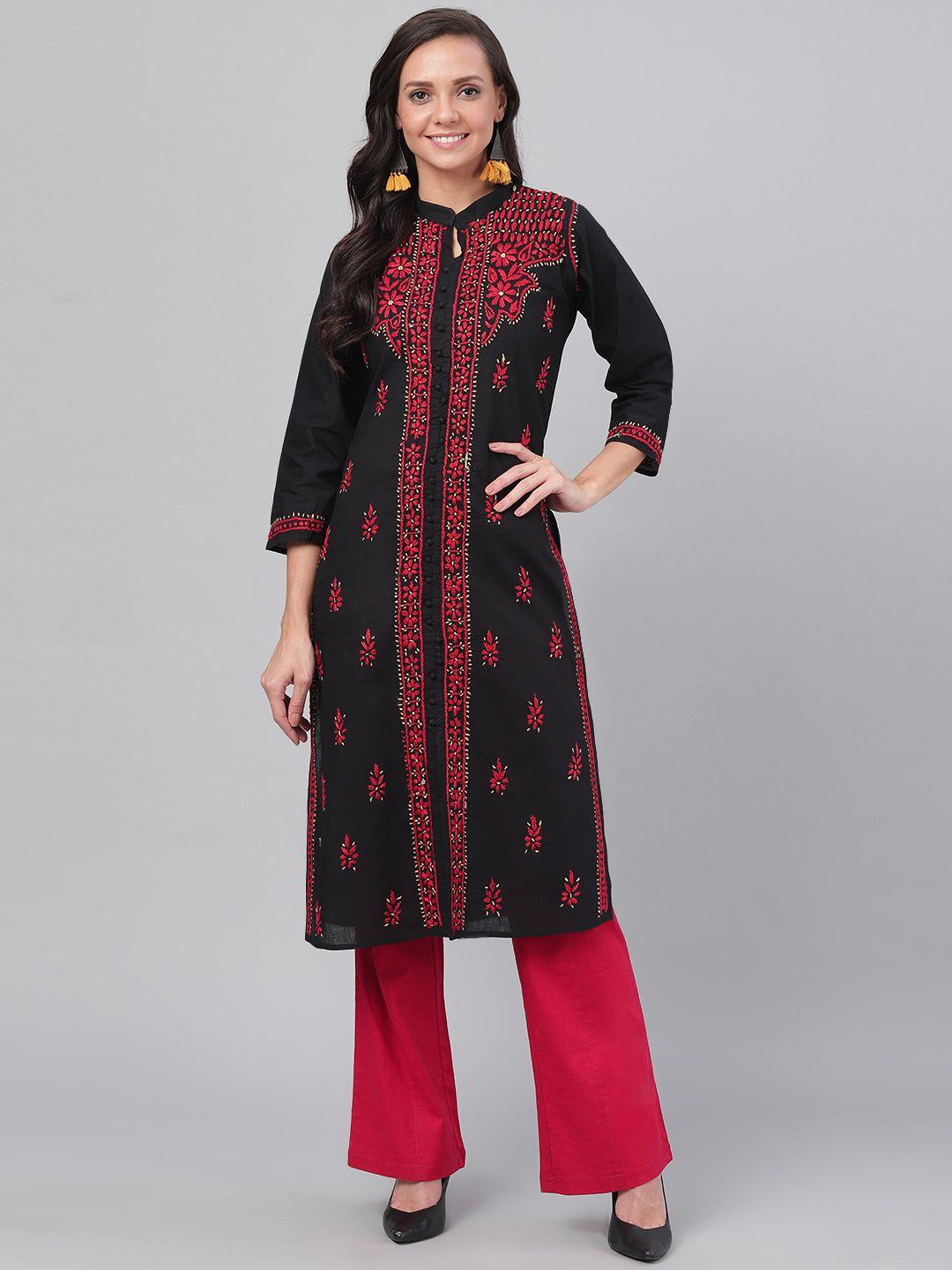 ada women black & red chikankari hand-embroidered straight sustainable kurta