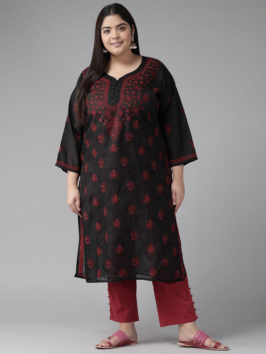 ada women black & red ethnic motifs embroidered thread work kurta