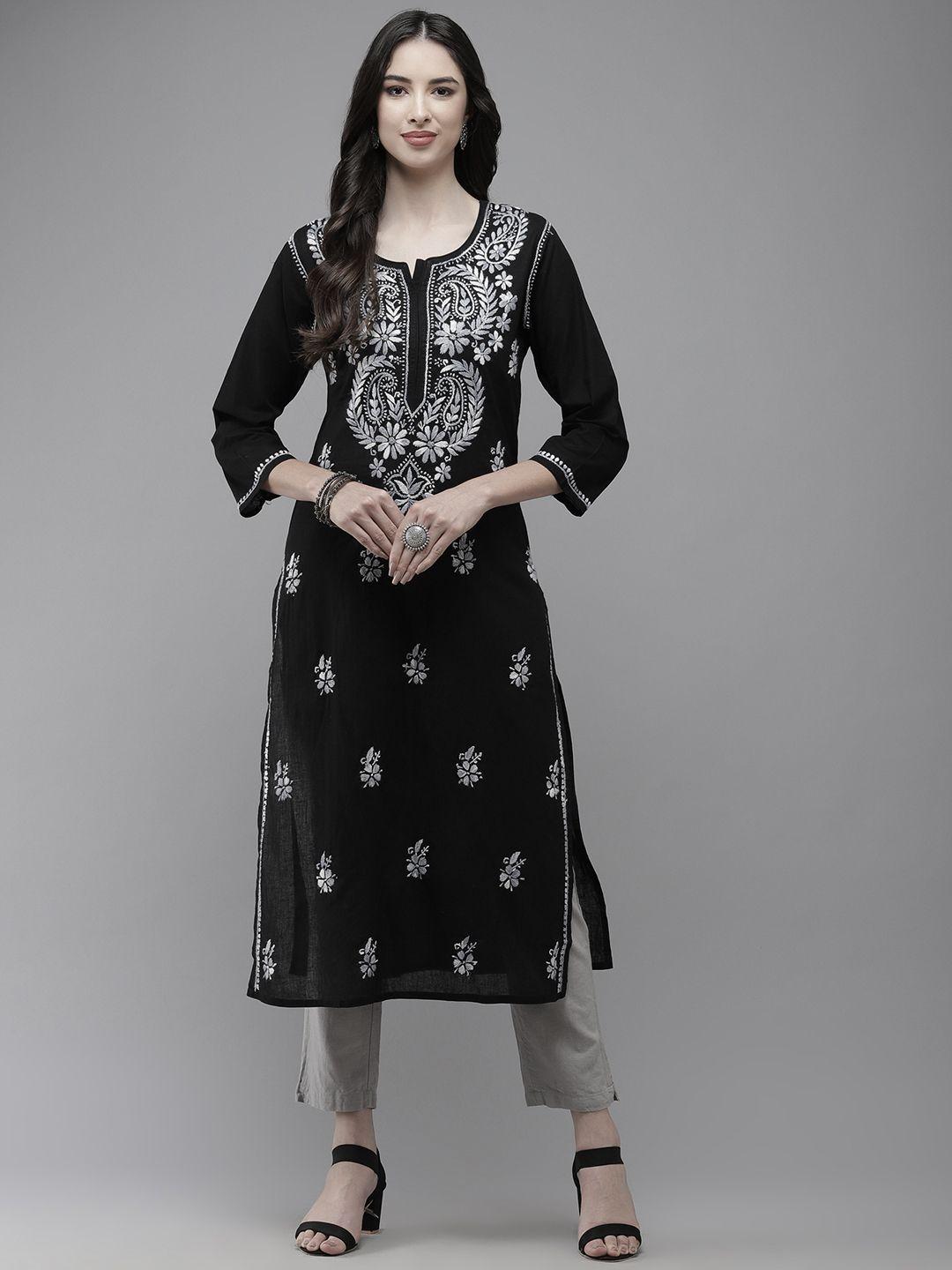 ada women black & silver-toned ethnic motifs embroidered thread work handloom kurta