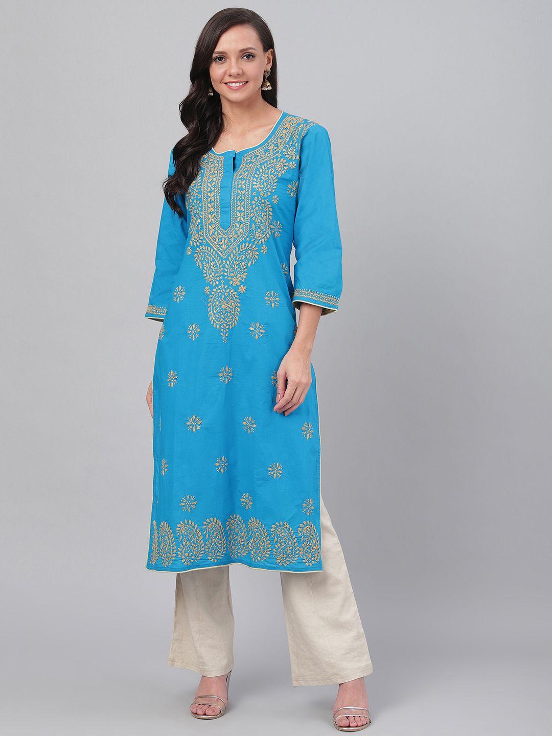 ada women blue & beige chikankari hand embroidered straight sustainable handloom kurta