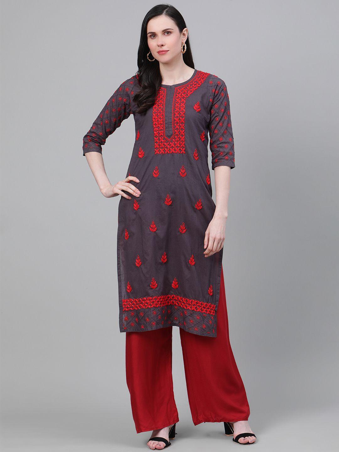 ada women charcoal grey & red chikankari hand embroidered cotton straight sustainable handloom kurta