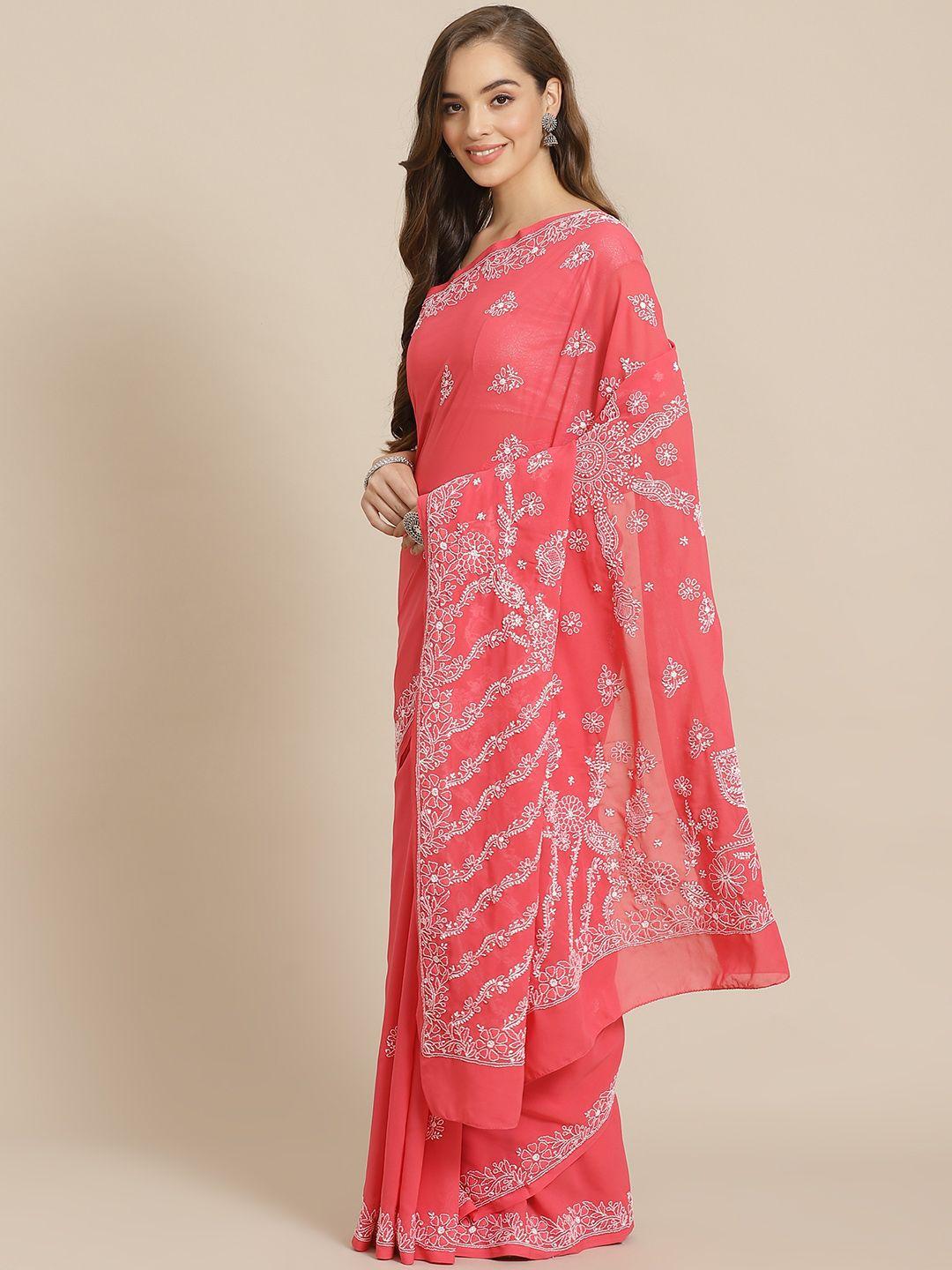ada women coral pink & white poly georgette chikankari embroidered handloom saree