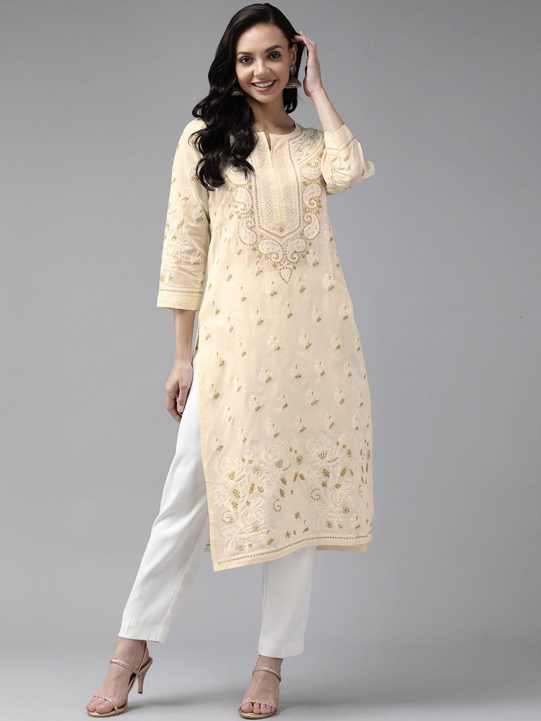 ada women cream-coloured sustainable hand chikankari embroidered straight handloom kurta