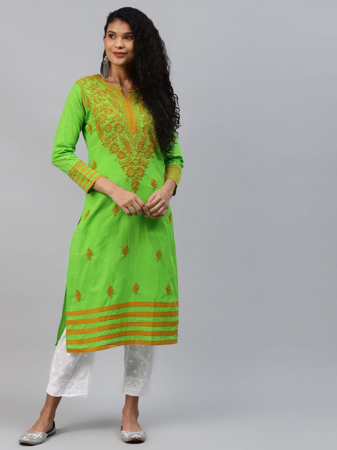 ada women green & mustard yellow chikankari hand embroidered sustainable handloom kurta