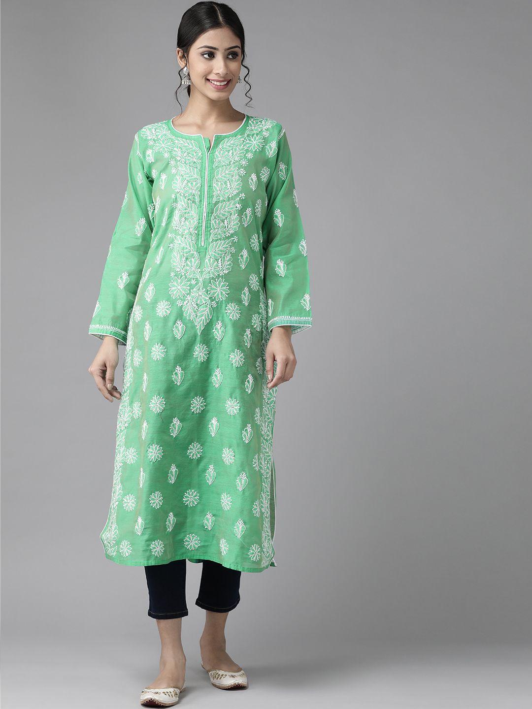 ada women green & white sustainable ethnic motifs hand embroidered chikankari handloom kurta
