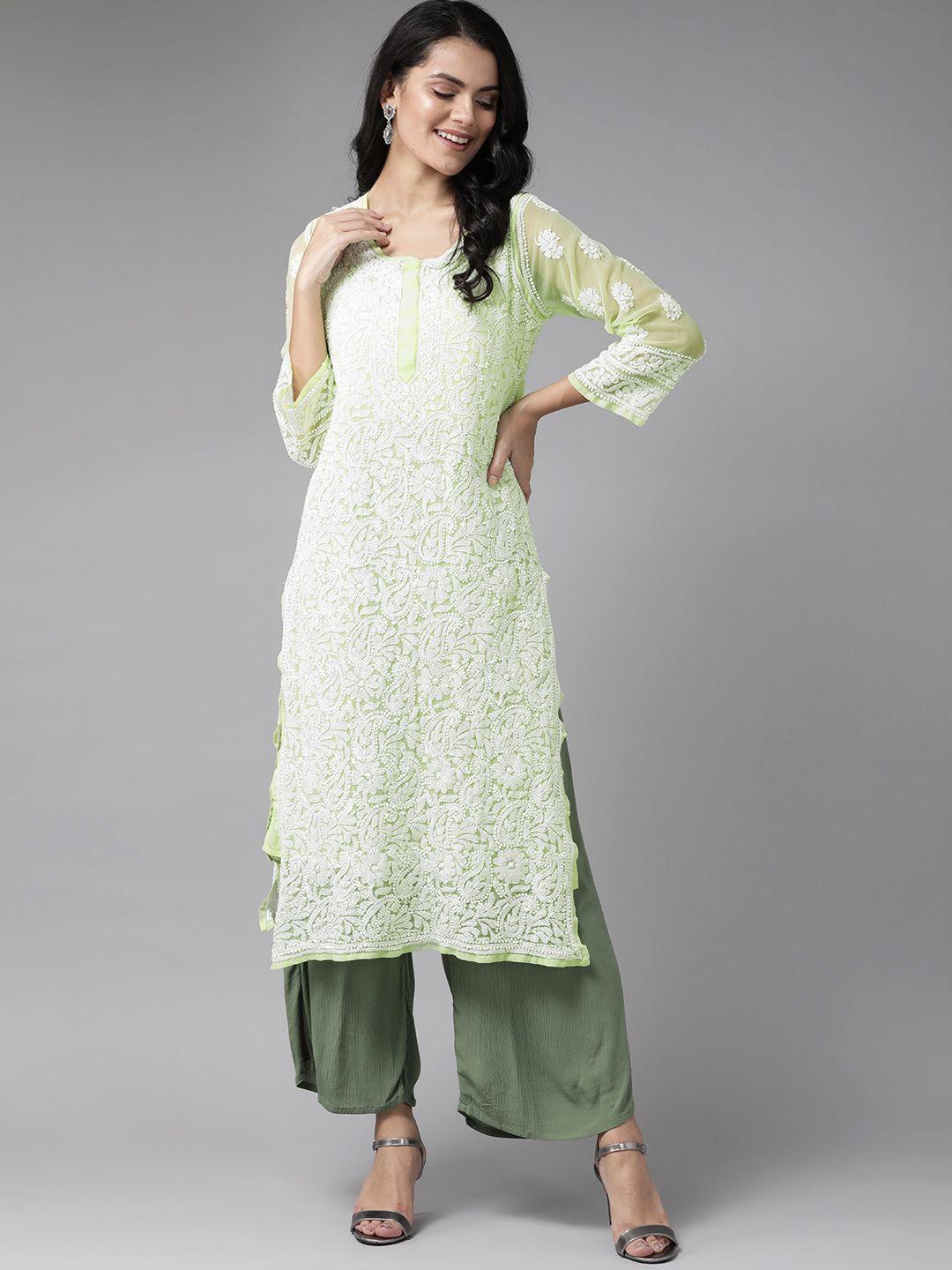 ada women green sustainable ethnic motifs hand embroidered chikankari kurta & inner slip