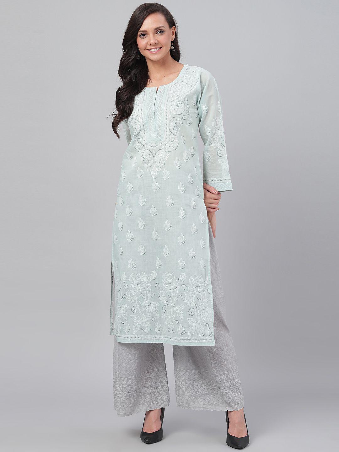 ada women grey & white chikankari embroidered straight sustainable handloom kurta