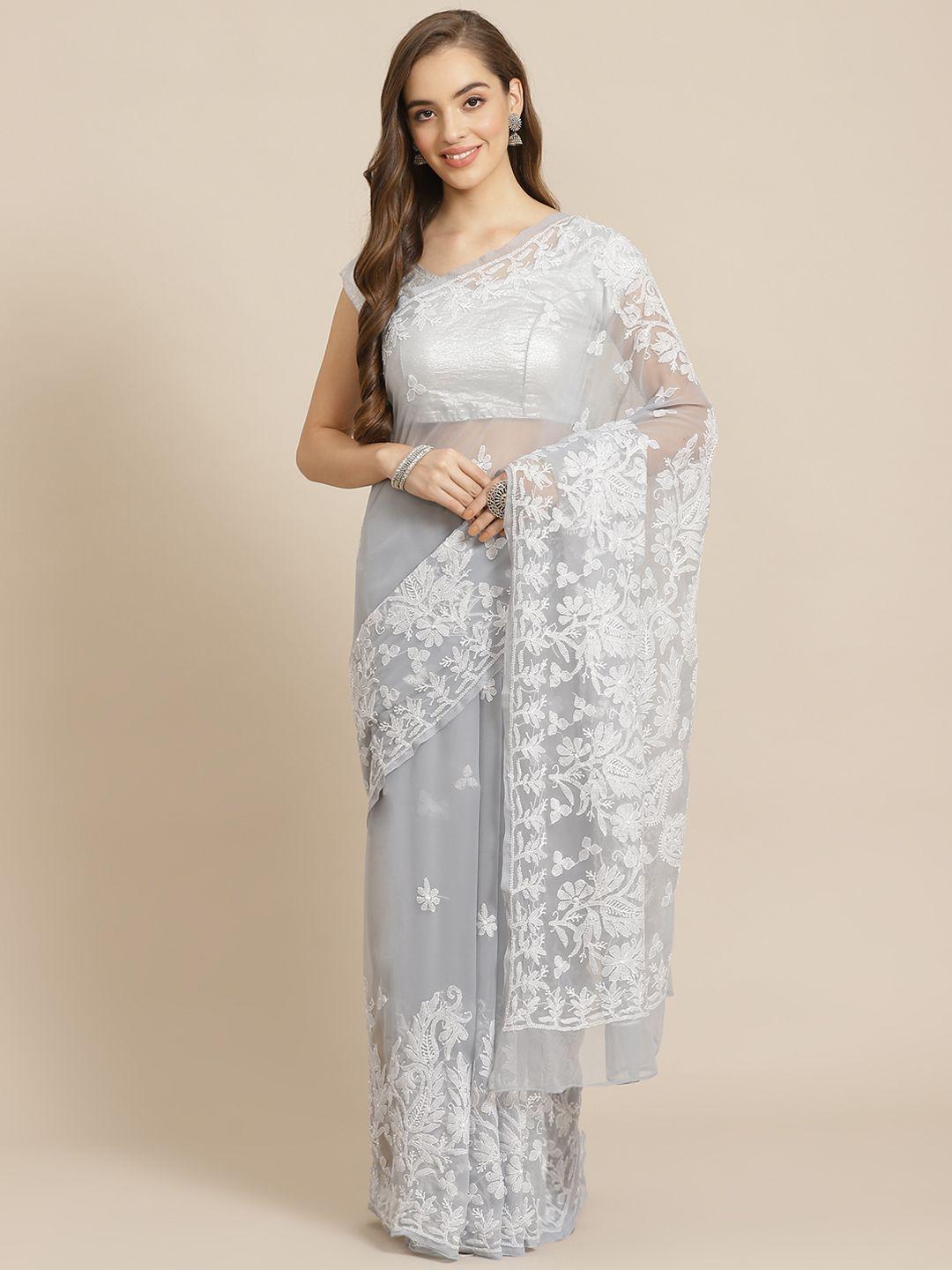 ada women grey & white poly georgette chikankari embroidered handloom saree