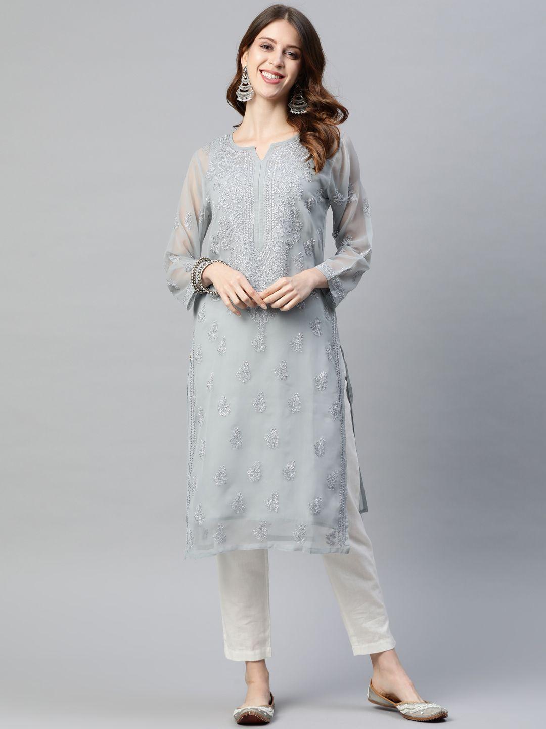ada women grey ethnic motifs embroidered chikankari georgette handloom kurta with matching slip