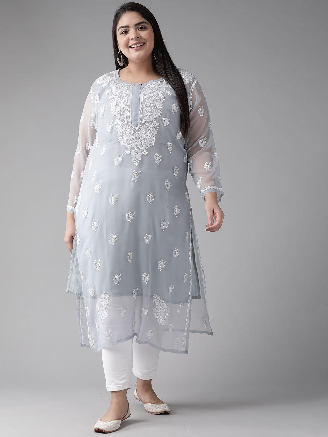 ada women grey plus size embroidered georgette handloom georgette handloom kurta with matching slip