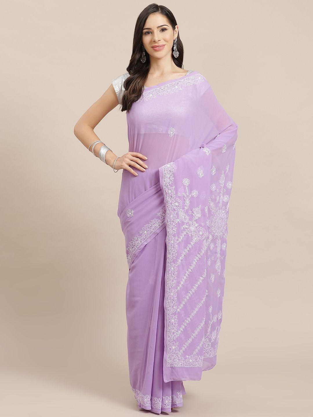 ada women lavender & white chikankari embroidered saree
