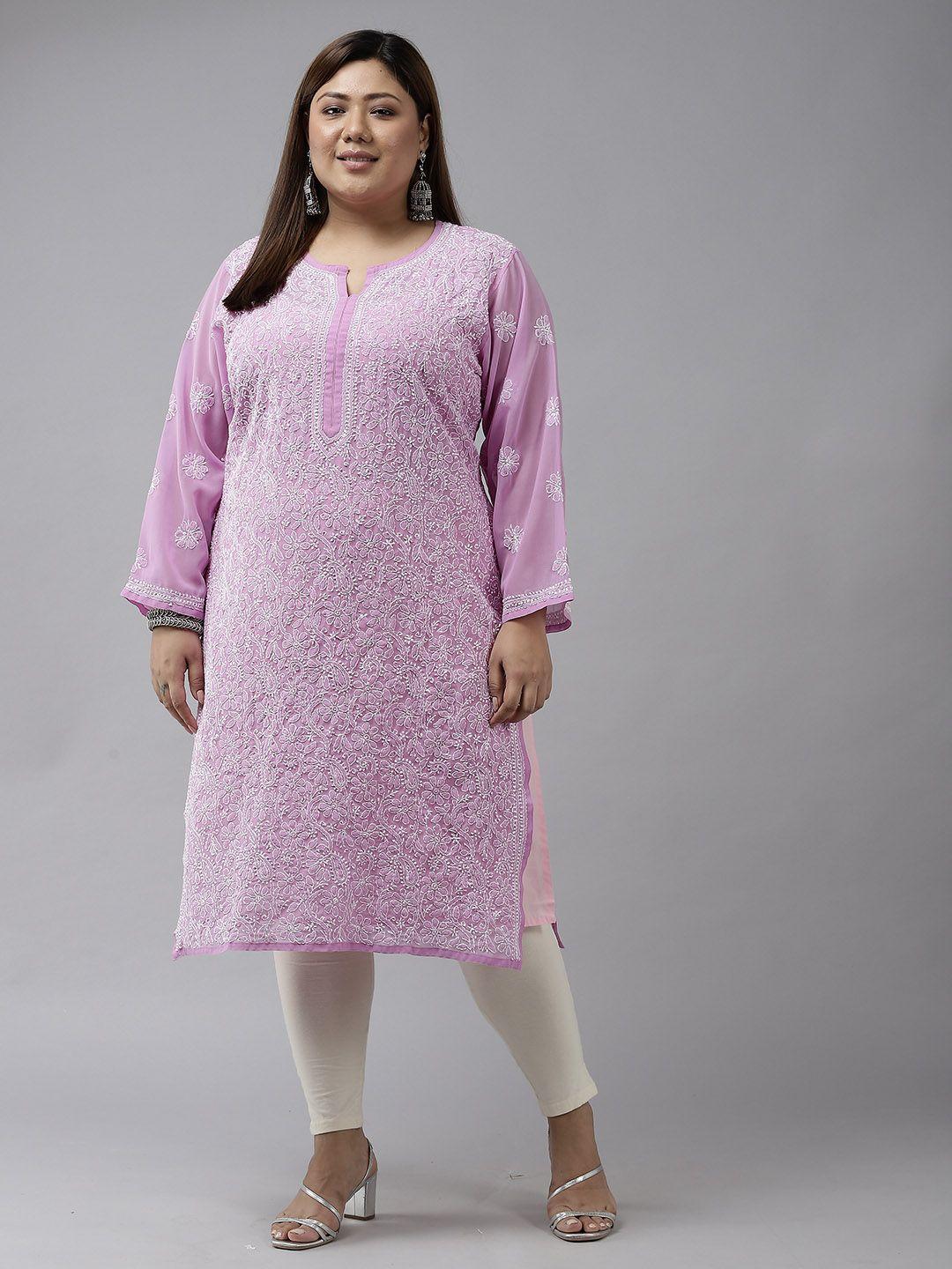 ada women lavender ethnic motifs plus size chikankari georgette kurta