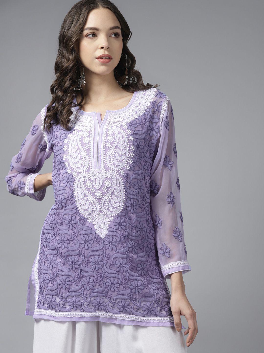 ada women mauve & white embroidered chikankari handloom handloom kurti with matching slip