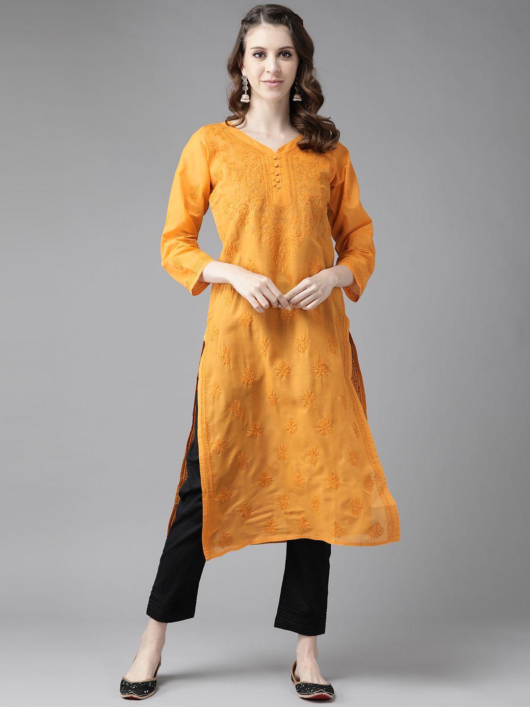 ada women mustard yellow & black chikankari embroidered handloom kurta with cotton trousers
