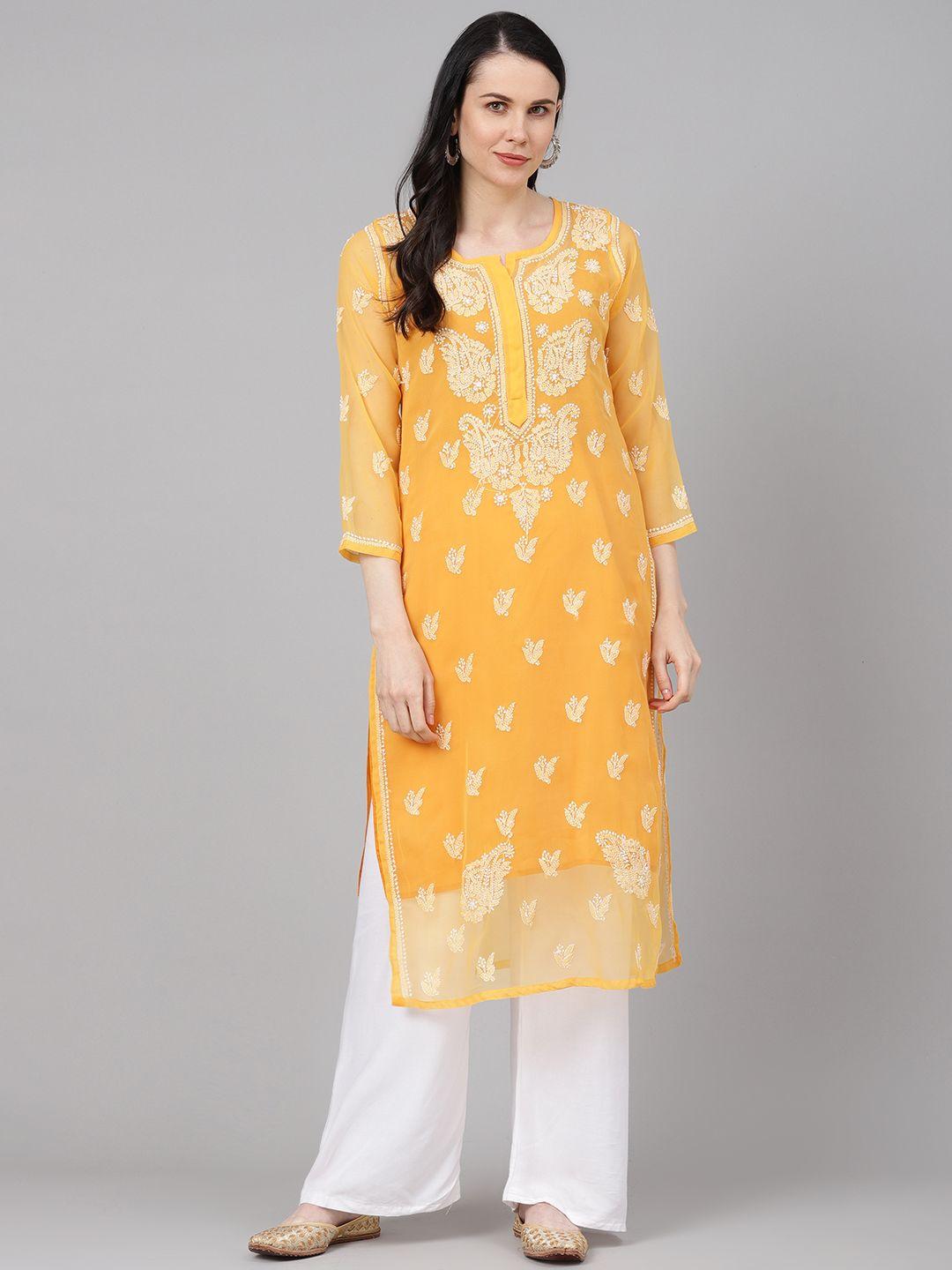 ada women mustard yellow & off-white sheer chikankari embroidered sustainable handloom kurta with inner