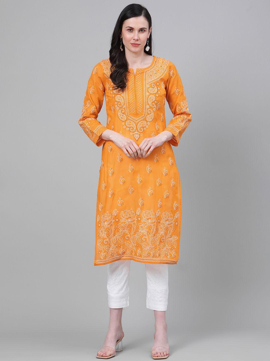 ada women mustard yellow & white chikankari embroidered cotton sustainable handloom kurta with palazzos