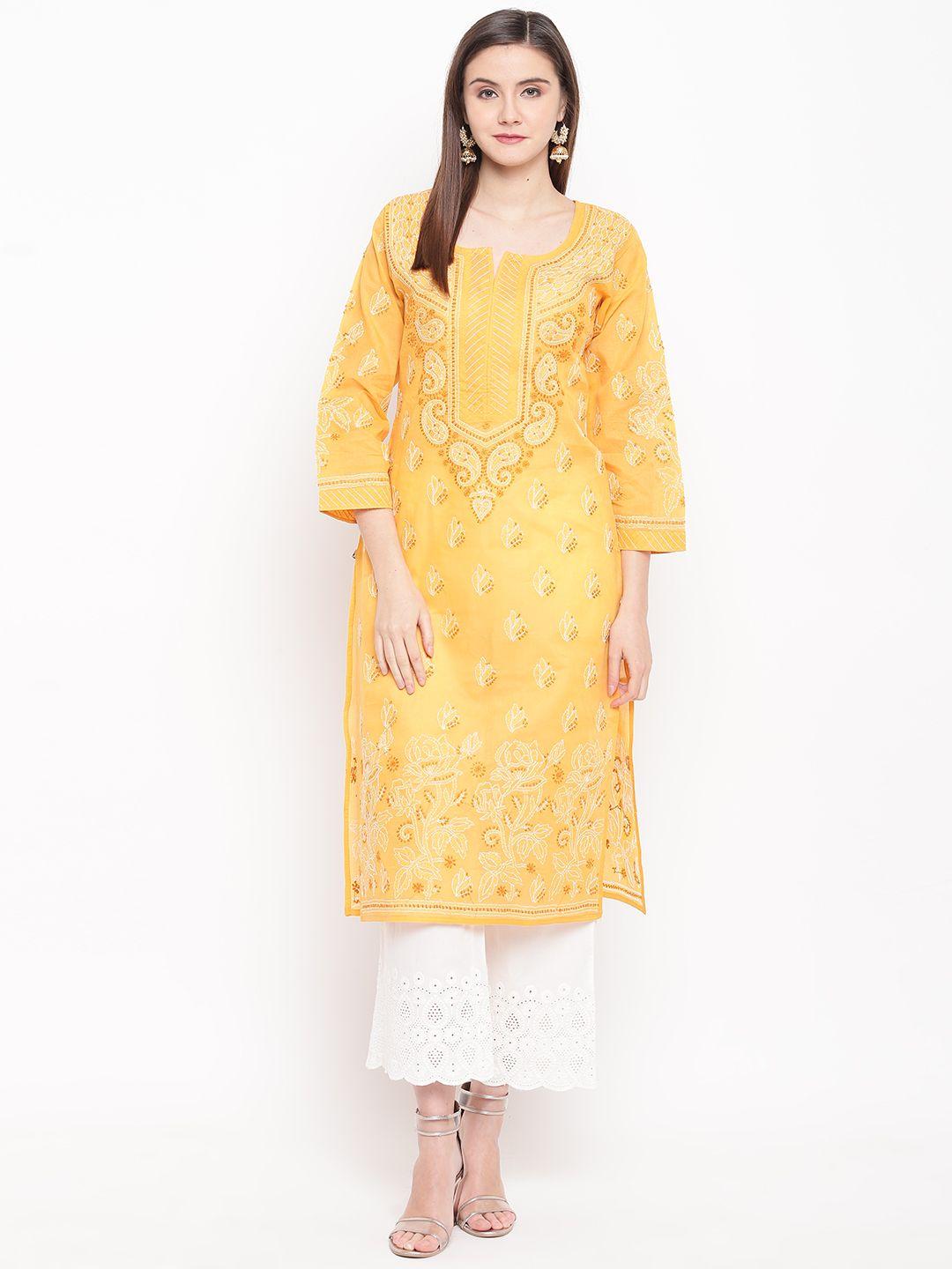 ada women mustard yellow & white chikankari hand embroidered straight sustainable handloom kurta