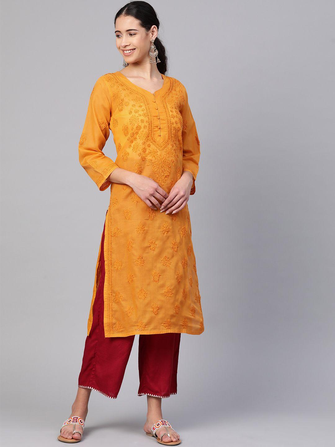 ada women mustard yellow chikankari embroidered straight sustainable handloom kurta
