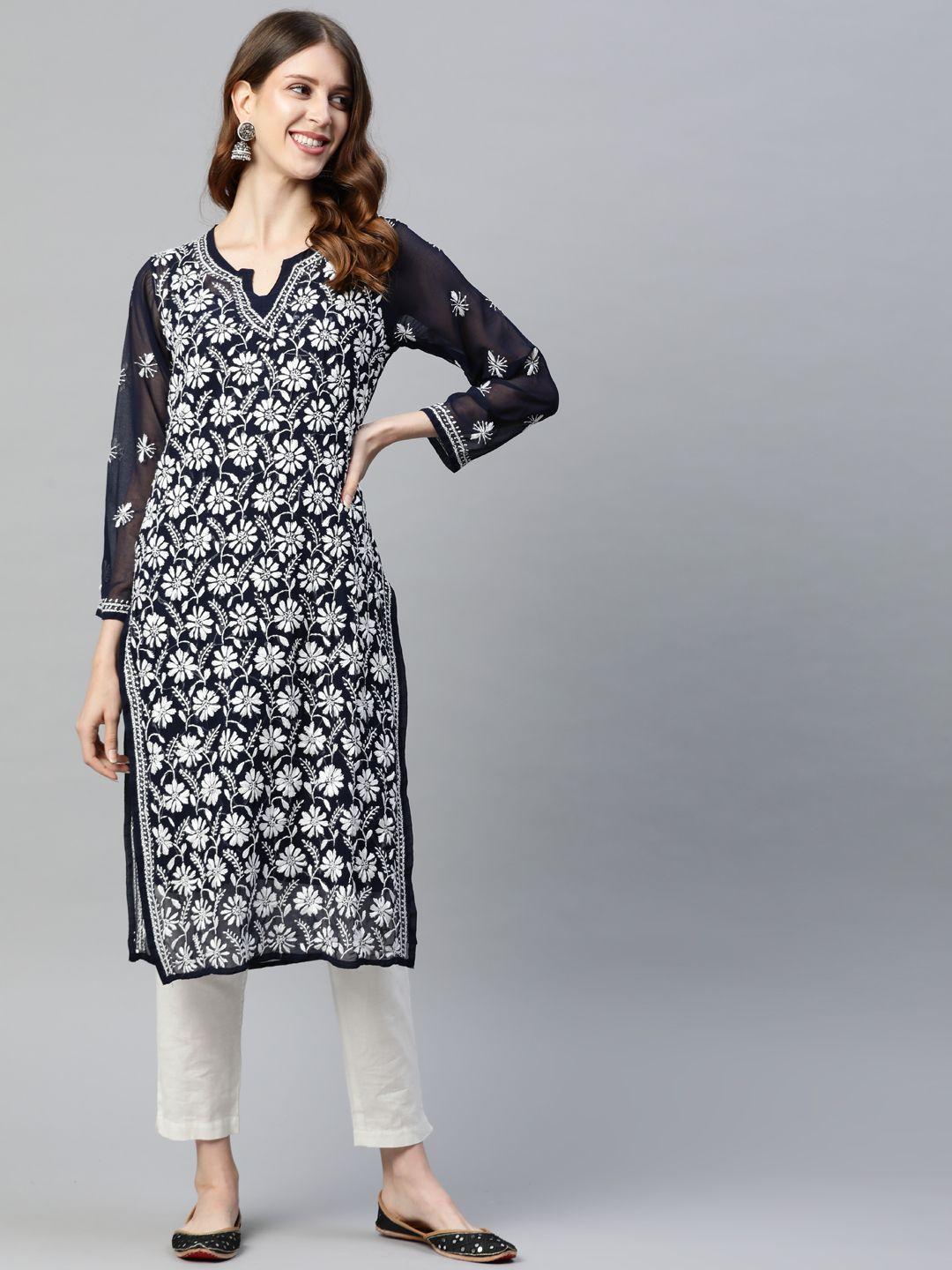 ada women navy blue & white embroidered chikankari sustainable kurta with matching slip